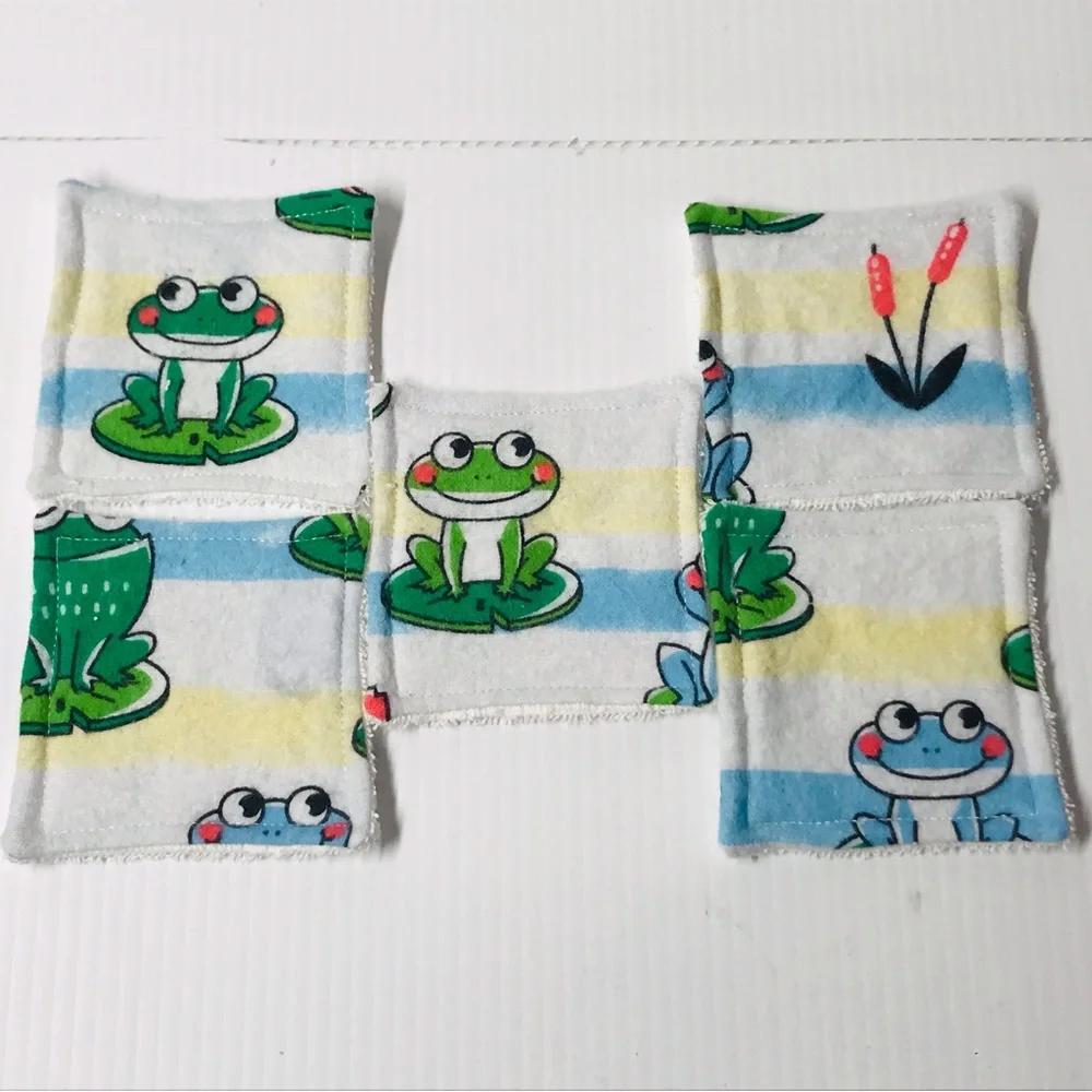 Reusable Set of Five 3.25” Frogs Flannel Fabric with Terry Cloth Makeup Removers
